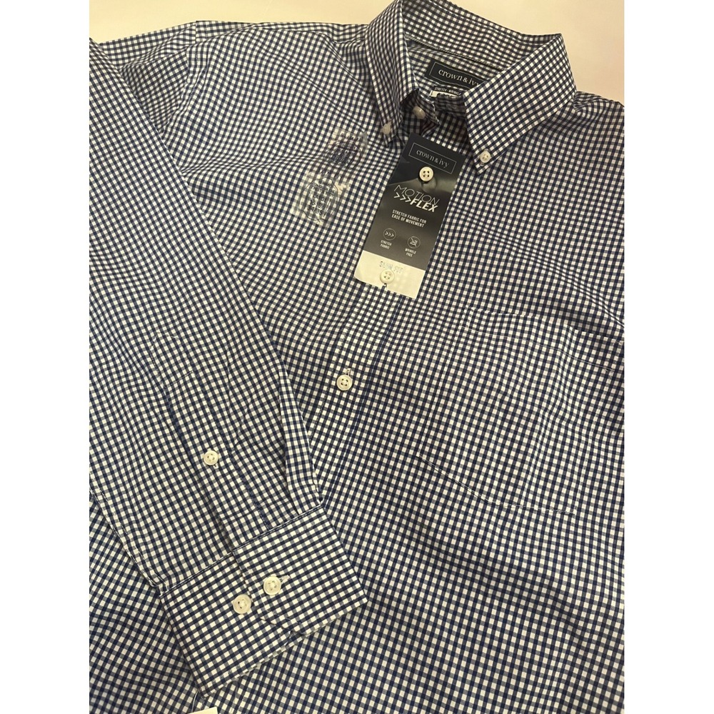 Crown & Ivy Motion Flex Slim Fit Gingham Shirt Large 16-16.5 34-35 Dark Blue